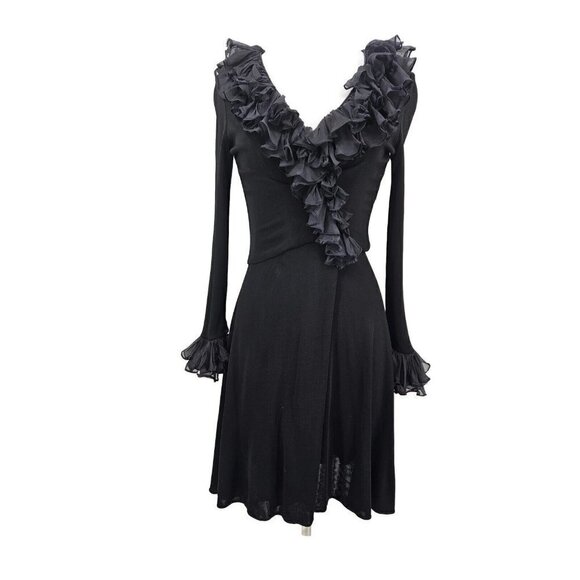 VTG Mr Blackwell Custom Black Dress Womens XS/S Ruffle Trim Surplice Skirt - Picture 1 of 10